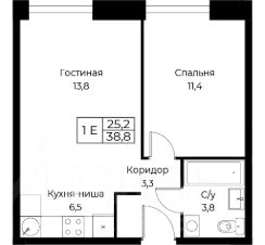 1-комн.апарт., 39 м², этаж 25