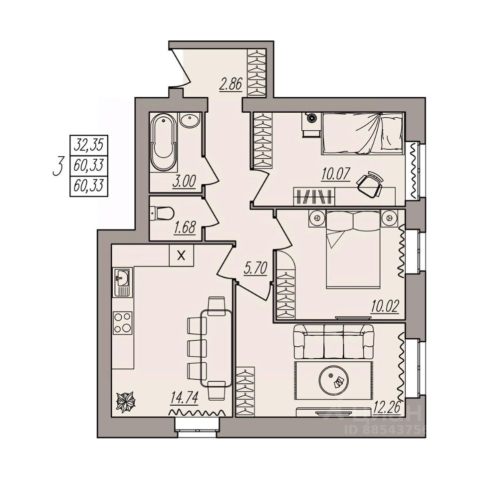 Продаю трехкомнатную квартиру 60,3м² ул. Землячки, 84/1, Волгоград,  Волгоградская область - база ЦИАН, объявление 295846220