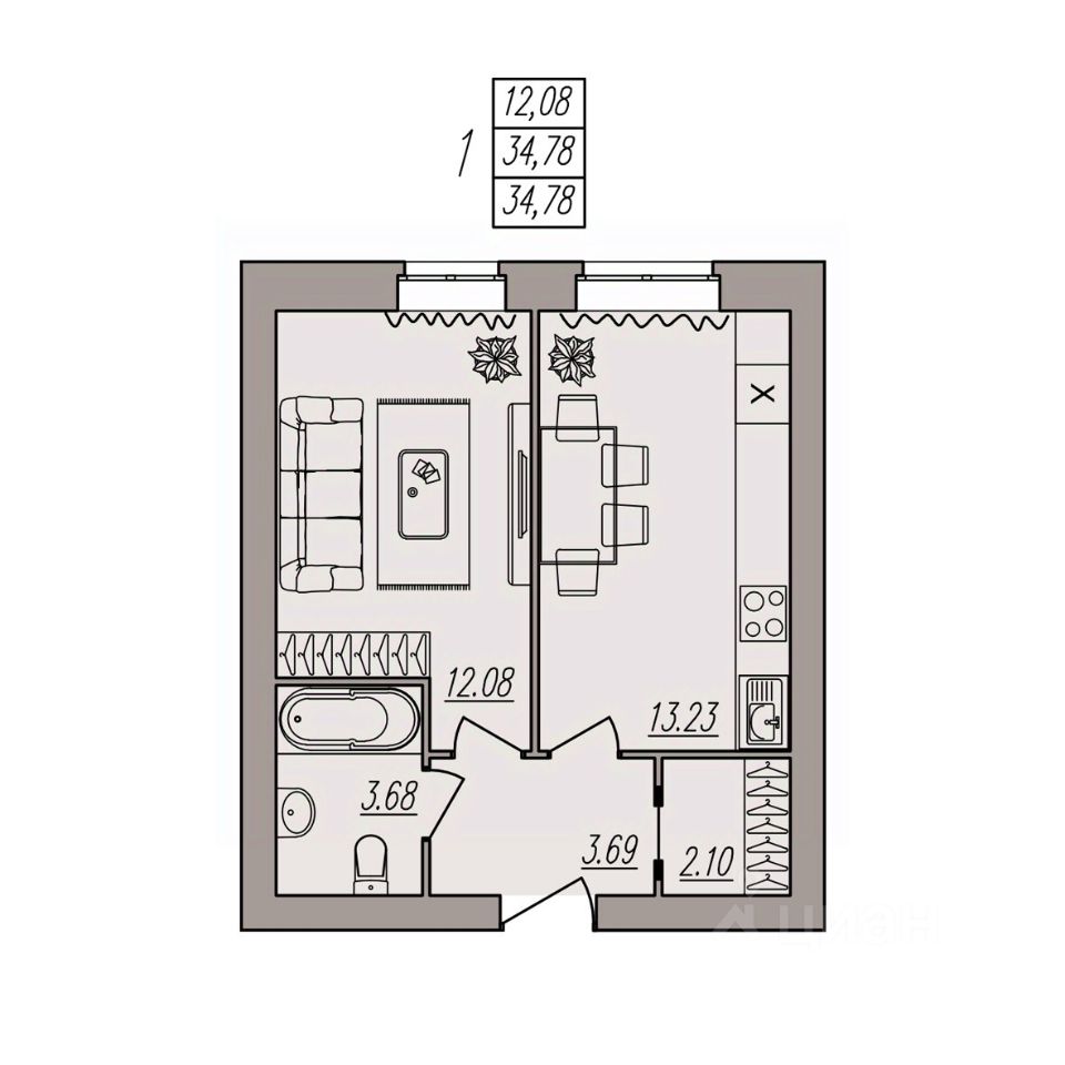 Продажа однокомнатной квартиры 34,8м² ул. Землячки, 84/1, Волгоград,  Волгоградская область - база ЦИАН, объявление 295846375