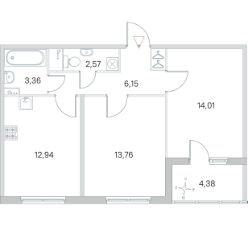 2-комн.кв., 55 м², этаж 1