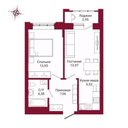 2-комн.кв., 45 м², этаж 19