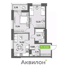 2-комн.кв., 57 м², этаж 3