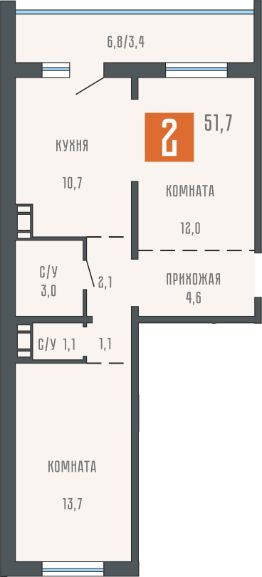 2-комн.кв., 52 м², этаж 4