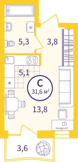 студия, 29 м², этаж 9