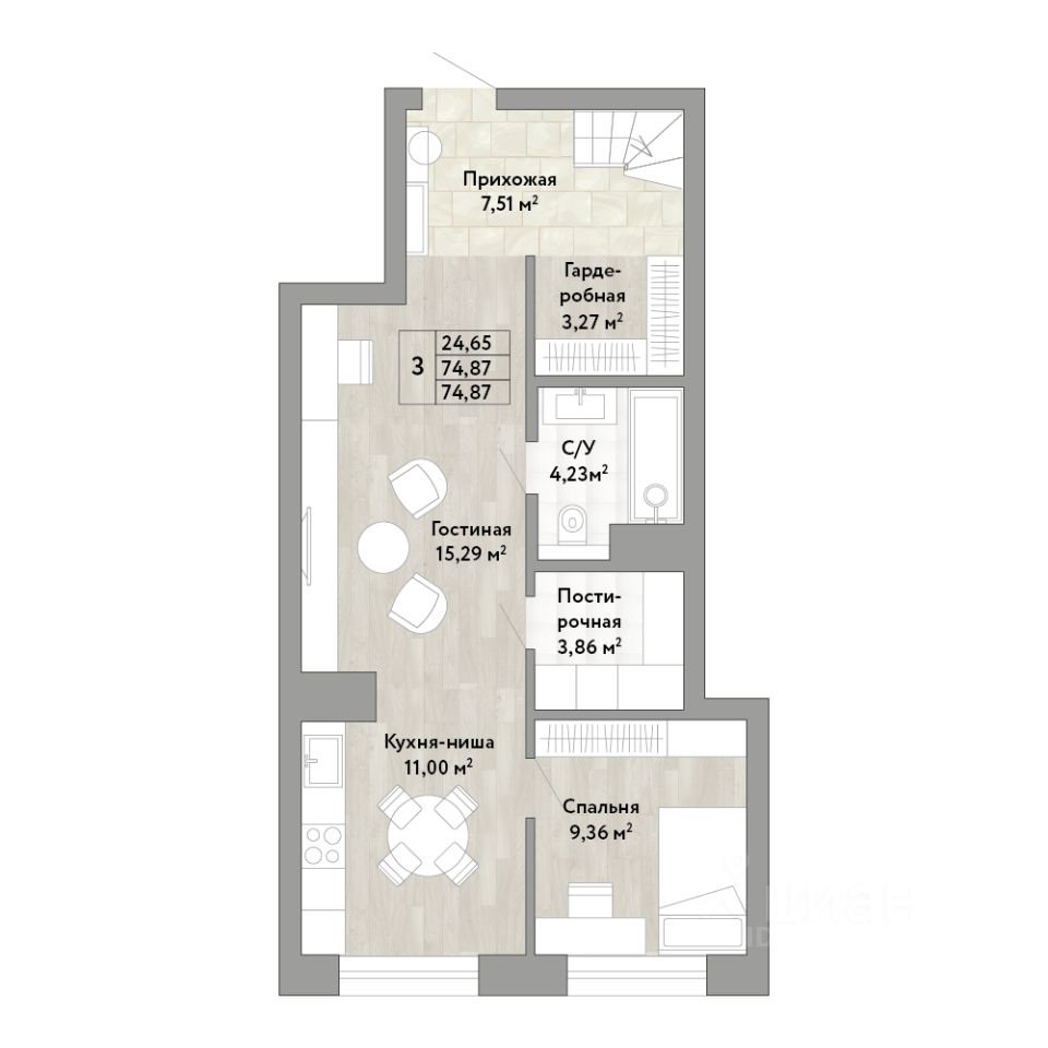 Продажа трехкомнатной квартиры 74,9м² Облачный пер., Хабаровск, Хабаровский  край - база ЦИАН, объявление 296011903