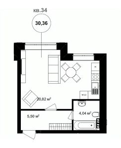 1-комн.кв., 34 м², этаж 2