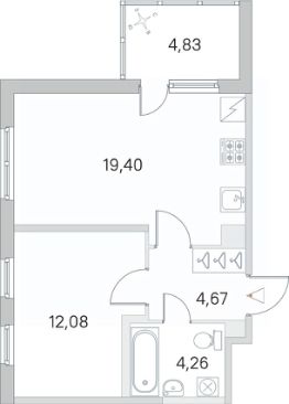 1-комн.кв., 43 м², этаж 1