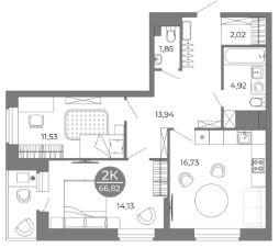 2-комн.кв., 67 м², этаж 3