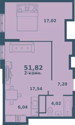2-комн.кв., 52 м², этаж 1