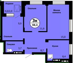 3-комн.кв., 59 м², этаж 5