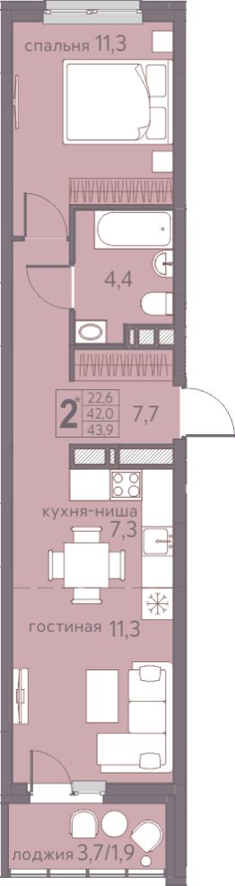 2-комн.кв., 44 м², этаж 13