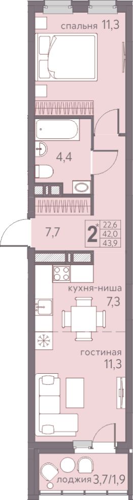 2-комн.кв., 44 м², этаж 14