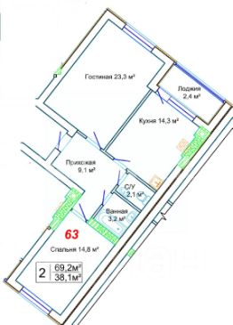 2-комн.кв., 69 м², этаж 5