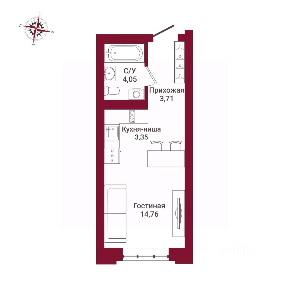 Купить квартиру-студию 25,9м² ул. Державина, 50, Новосибирск, Новосибирская  область, м. Маршала Покрышкина - база ЦИАН, объявление 286253160