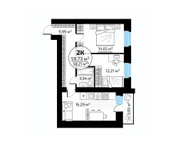 2-комн.кв., 58 м², этаж 13