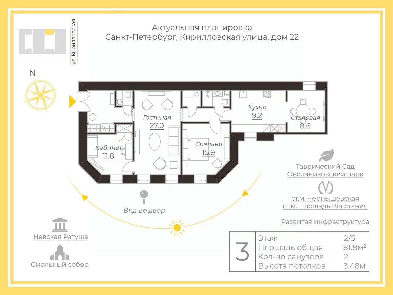 Продажа трехкомнатной квартиры 81,8м² Кирилловская ул., 22,  Санкт-Петербург, м. Маяковская - база ЦИАН, объявление 285158626