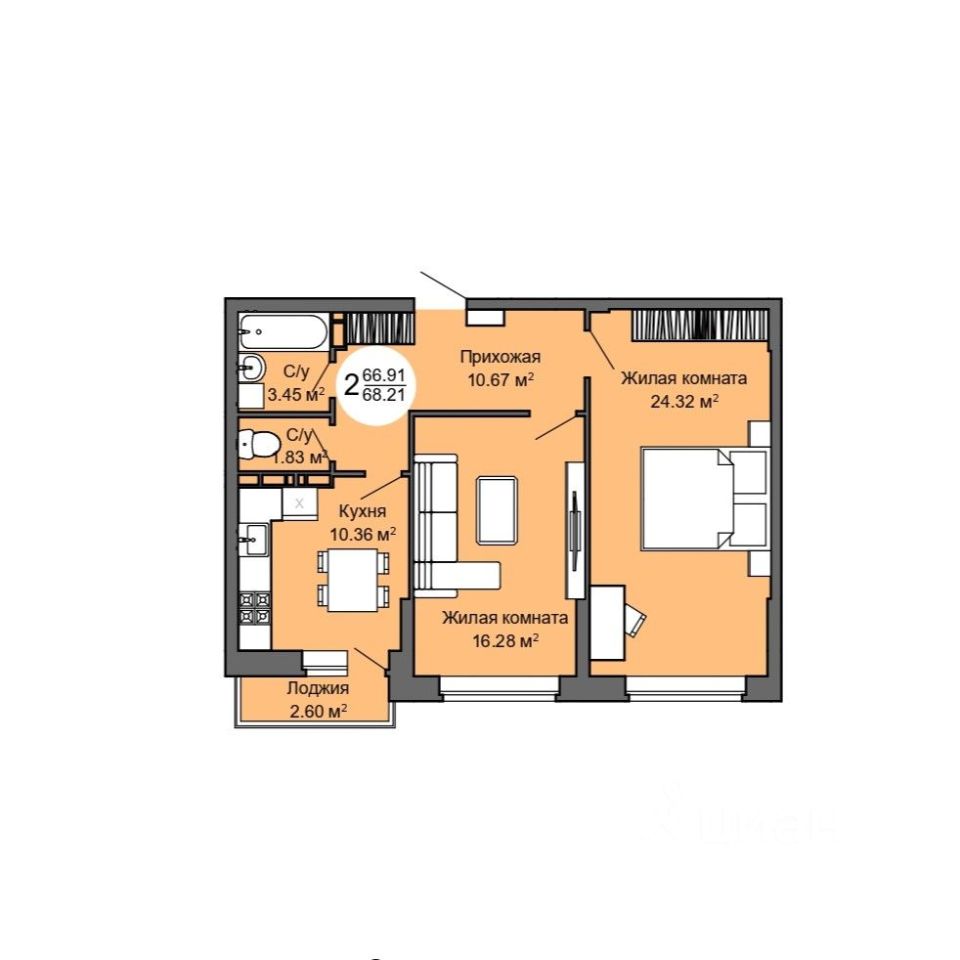 Купить двухкомнатную квартиру 68,2м² Межквартальная ул., 3, Орел, Орловская  область - база ЦИАН, объявление 287208465