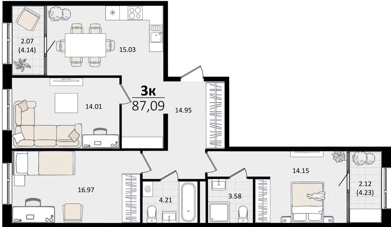 Продажа трехкомнатной квартиры 87,1м² Краснодар, Краснодарский край,  Хлопчато-бумажный Комбинат микрорайон, Патрики жилой квартал - база ЦИАН,  объявление 296109439