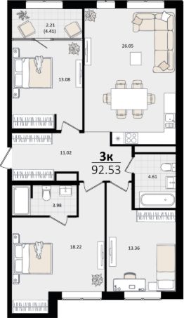 3-комн.кв., 93 м², этаж 2