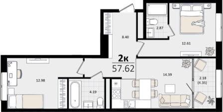 2-комн.кв., 58 м², этаж 3