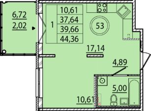 1-комн.кв., 38 м², этаж 1