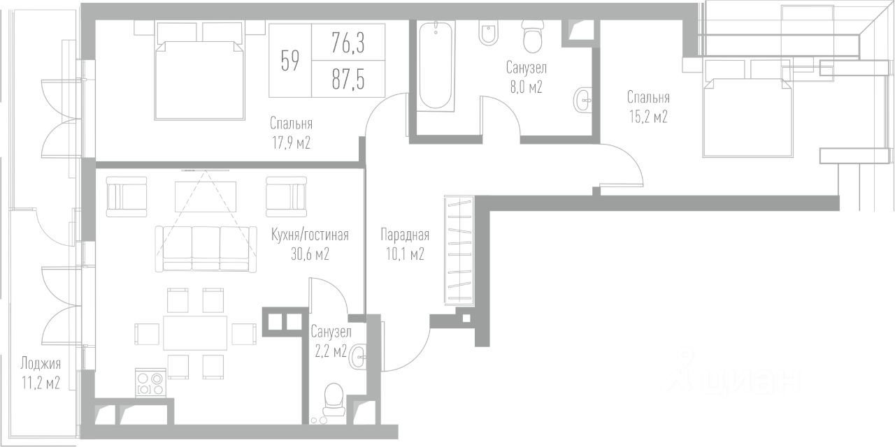 Купить двухкомнатную квартиру 87,5м² Октябрьская ул., 12, Калининград,  Калининградская область - база ЦИАН, объявление 275421825