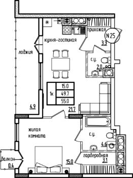 1-комн.кв., 60 м², этаж 5