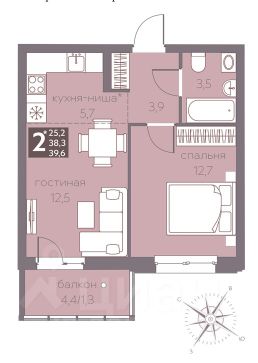 2-комн.кв., 40 м², этаж 3