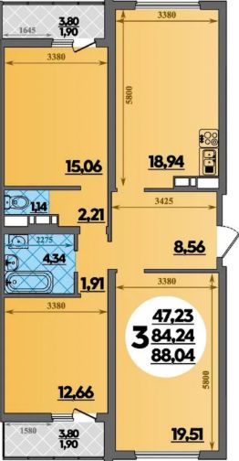 3-комн.кв., 88 м², этаж 7