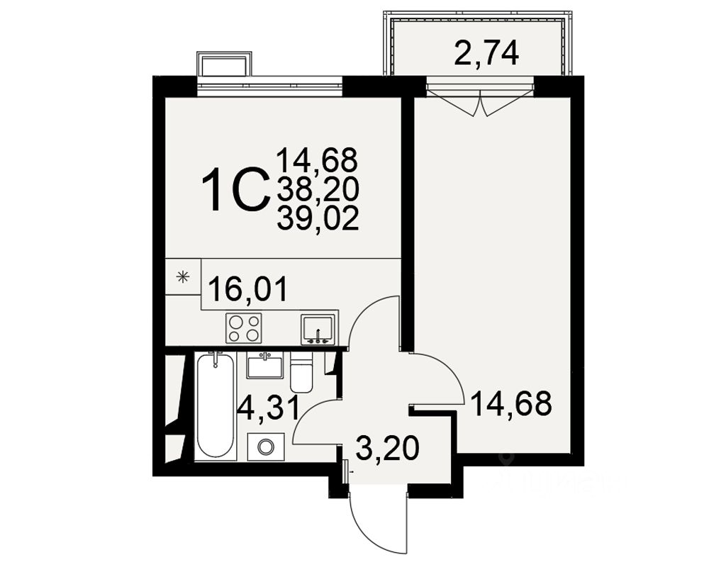 1-комн.кв., 39 м², 6/16 этаж