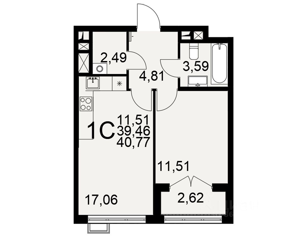 1-комн.кв., 40,8 м², 6/16 этаж