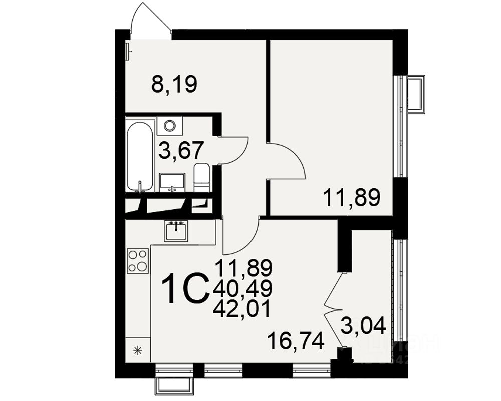 1-комн.кв., 42 м², 8/16 этаж