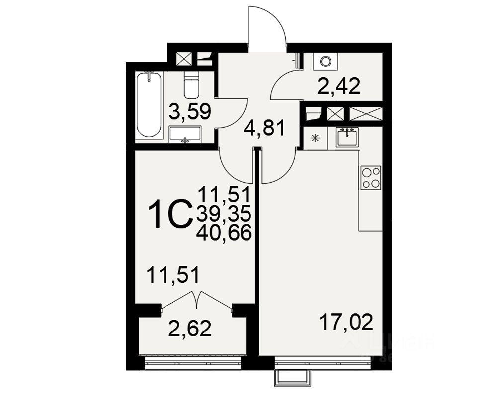 1-комн.кв., 40,7 м², 16/16 этаж