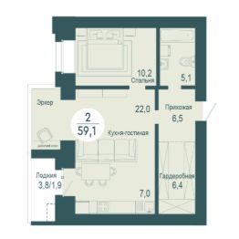 2-комн.кв., 59 м², этаж 17