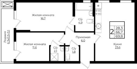 2-комн.кв., 70 м², этаж 6