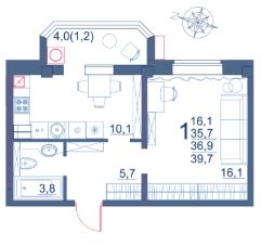 1-комн.кв., 40 м², этаж 2
