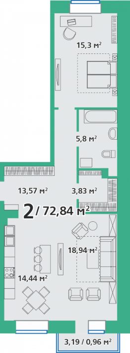 2-комн.кв., 73 м², этаж 2