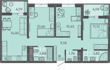 3-комн.кв., 72 м², этаж 5