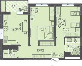 2-комн.кв., 57 м², этаж 13