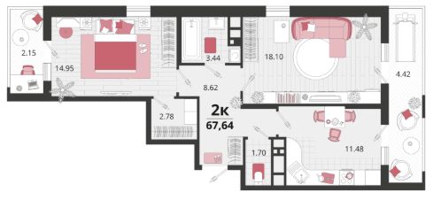 2-комн.кв., 68 м², этаж 12