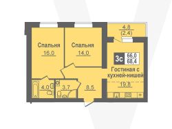 3-комн.кв., 68 м², этаж 10