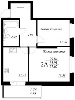 2-комн.кв., 58 м², этаж 1