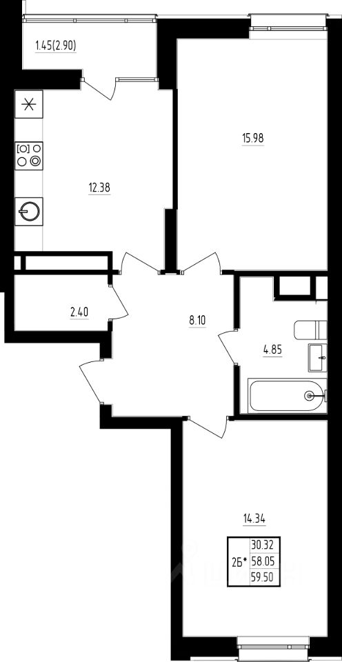 Продается2-комн.квартира,59,5м²