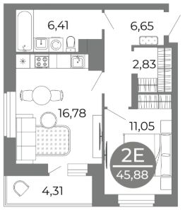 2-комн.кв., 46 м², этаж 3