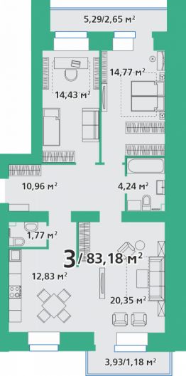 3-комн.кв., 83 м², этаж 2