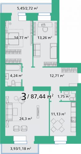 3-комн.кв., 88 м², этаж 3