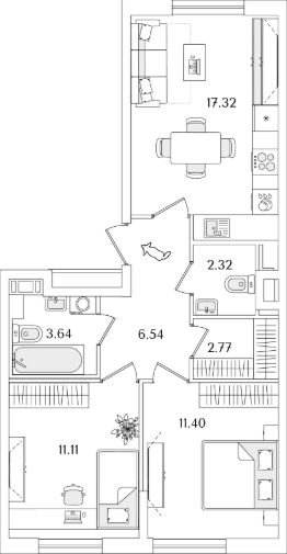 2-комн.кв., 55 м², этаж 2