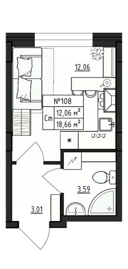 студия, 19 м², этаж 1