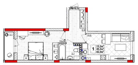 1-комн.кв., 42 м², этаж 4