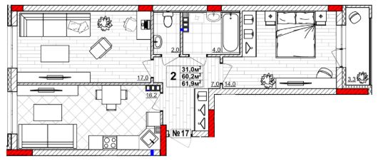 2-комн.кв., 62 м², этаж 3